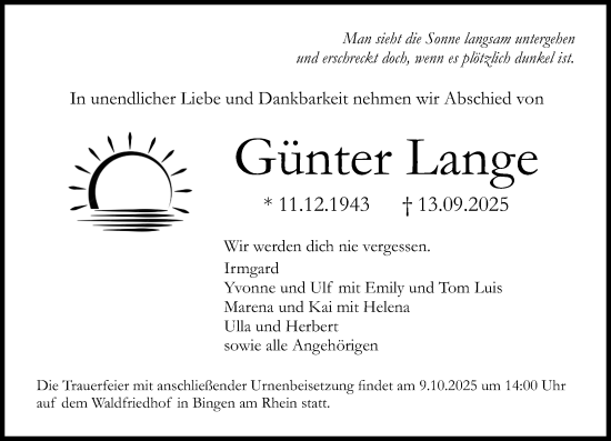 Traueranzeige von Günter Lange von Allgemeine Zeitung Rheinhessen-Nahe