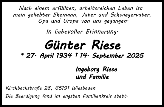 Traueranzeige von Günter Riese von Wiesbadener Kurier