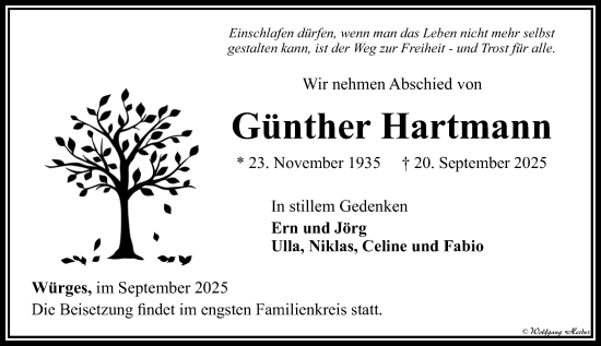 Traueranzeige von Günther Hartmann von Camberger Anzeiger