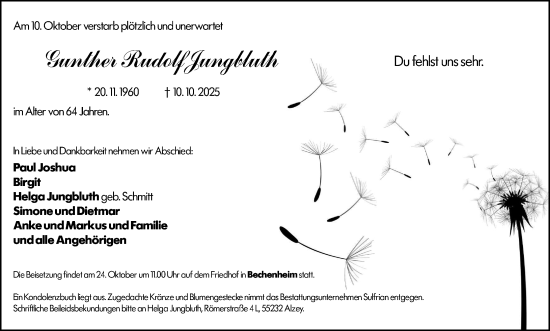 Traueranzeige von Gunther Rudolf Jungbluth von Allgemeine Zeitung Alzey