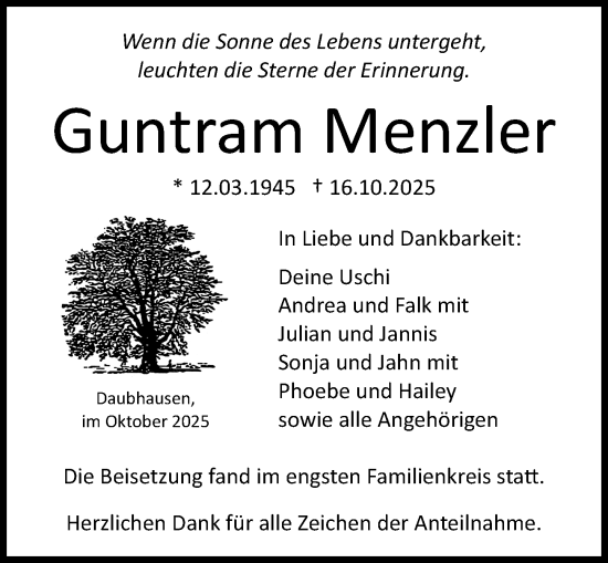 Traueranzeige von Guntram Menzler von Wetzlarer Neue Zeitung