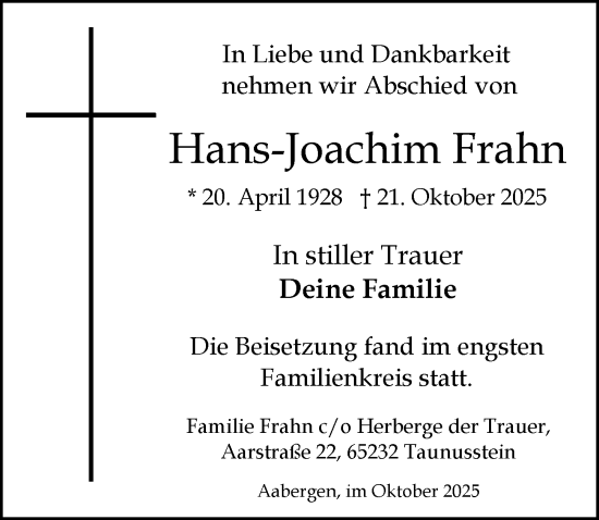 Traueranzeige von Hans-Joachim Frahn von Wiesbadener Kurier