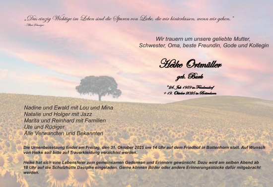 Traueranzeige von Heike Ortmüller von Hinterländer Anzeiger