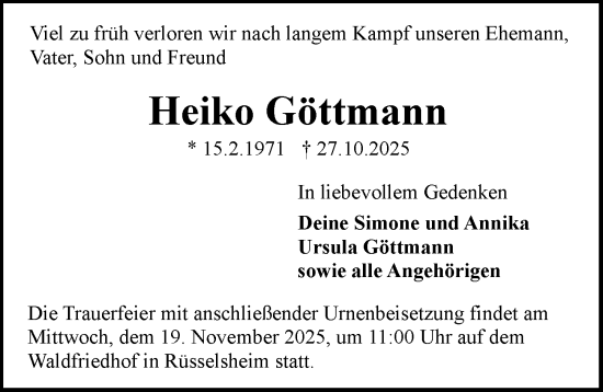 Traueranzeige von Heiko Göttmann von Rüsselsheimer Echo