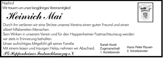 Traueranzeige von Heinrich Mai von Starkenburger Echo