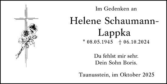 Traueranzeige von Helene Schaumann-Lappka von Wiesbadener Kurier