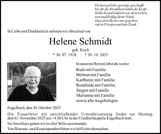 Traueranzeige von Helene Schmidt von Hinterländer Anzeiger