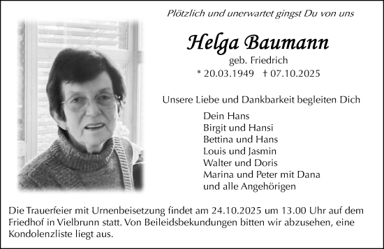 Traueranzeige von Helga Baumann von Odenwälder Echo