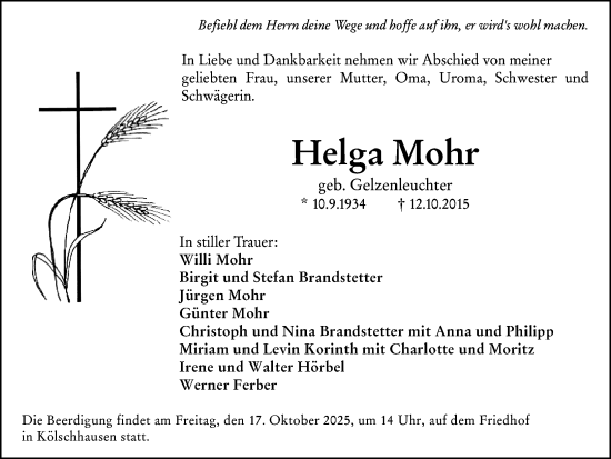 Traueranzeige von Helga Mohr von Wetzlarer Neue Zeitung