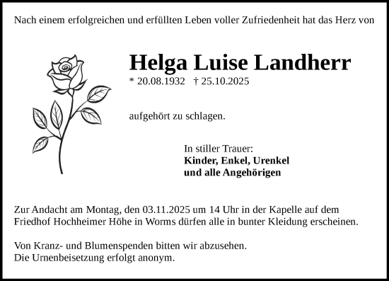 Traueranzeige von Helga Luise Landherr von Wormser Zeitung