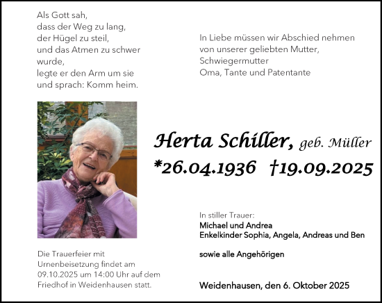 Traueranzeige von Herta Schiller von Hinterländer Anzeiger