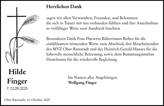 Traueranzeige von Hilde Finger von Darmstädter Echo