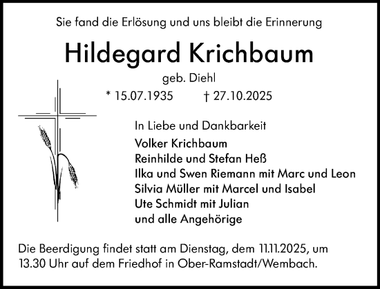 Traueranzeige von Hildegard Krichbaum von Darmstädter Echo