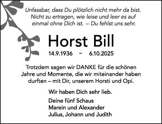 Traueranzeige von Horst Bill von Allgemeine Zeitung Mainz