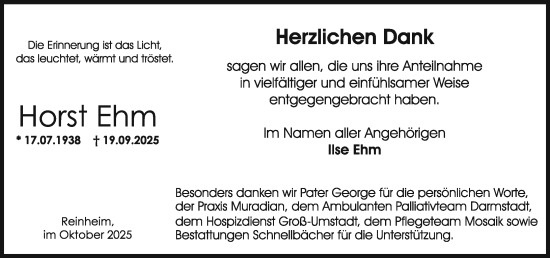 Traueranzeige von Horst Ehm von Darmstädter Echo