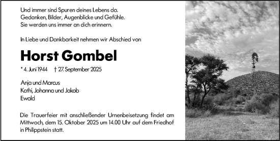 Traueranzeige von Horst Gombel von Weilburger Tageblatt