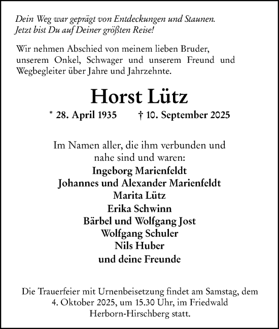 Traueranzeige von Horst Lütz von Dill Block