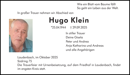 Traueranzeige von Hugo Klein von Starkenburger Echo