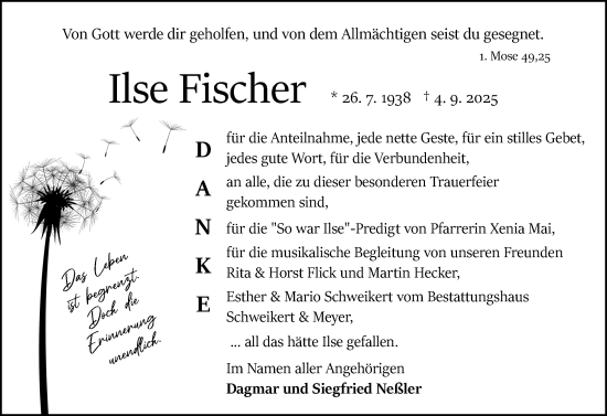 Traueranzeige von Ilse Fischer von Odenwälder Echo