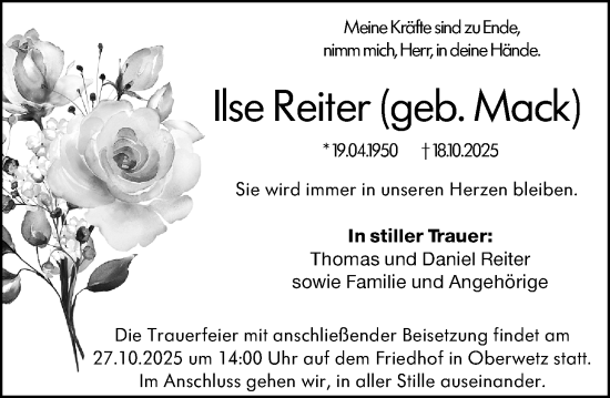 Traueranzeige von Ilse Reiter von Wetzlarer Neue Zeitung