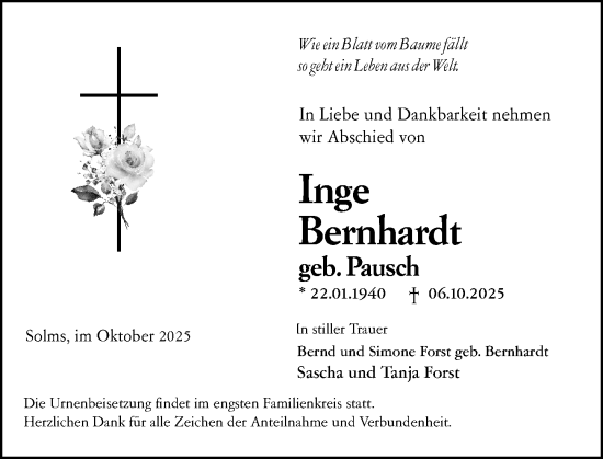 Traueranzeige von Inge Bernhardt von Wetzlarer Neue Zeitung