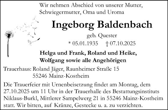 Traueranzeige von Ingeborg Baldenbach von Allgemeine Zeitung Mainz
