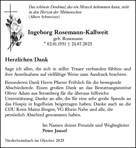 Traueranzeige von Ingeborg Rosemann-Kallweit von Allgemeine Zeitung Rheinhessen-Nahe Traueranzeige von Ingeborg Rosemann-Kallweit von Allgemeine Zeitung Rheinhessen-Nahe