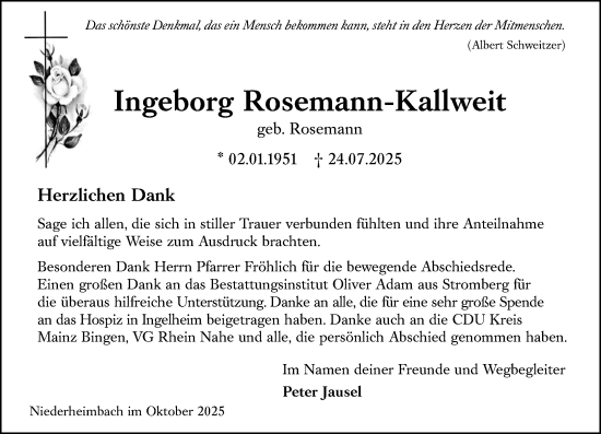 Traueranzeige von Ingeborg Rosemann-Kallweit von Allgemeine Zeitung Rheinhessen-Nahe