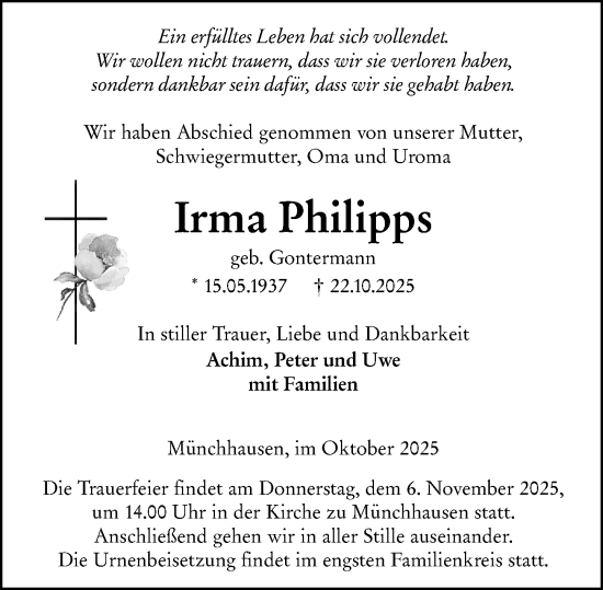 Traueranzeige von Irma Philipps von Dill Block