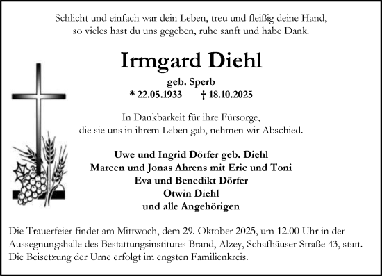 Traueranzeige von Irmgard Diehl von Allgemeine Zeitung Alzey
