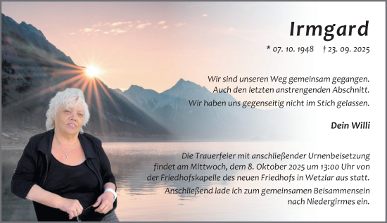 Traueranzeige von Irmgard Reh von Wetzlarer Neue Zeitung