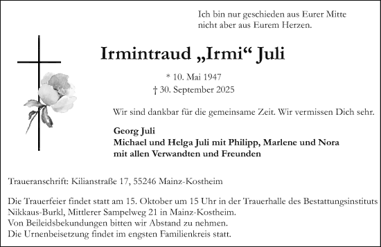 Traueranzeige von Irmintraud Juli von Allgemeine Zeitung Mainz
