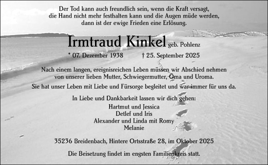 Traueranzeige von Irmtraud Kinkel von Hinterländer Anzeiger