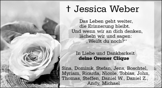 Traueranzeige von Jessica Weber von Alzeyer Wochenblatt