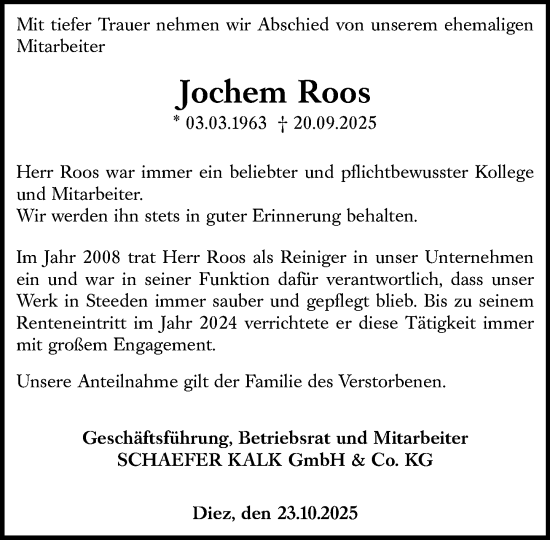 Traueranzeige von Jochem Roos von Nassauische Neue Presse