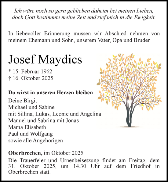Traueranzeige von Josef Maydics von Camberger Anzeiger