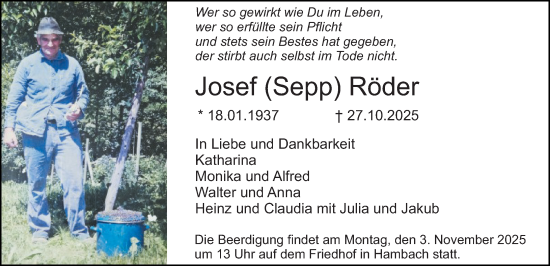 Traueranzeige von Josef Röder von Starkenburger Echo