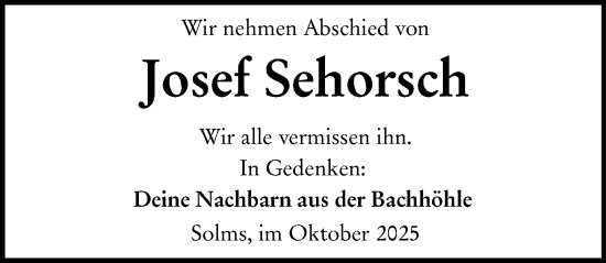 Traueranzeige von Josef Sehorsch von Wetzlarer Neue Zeitung
