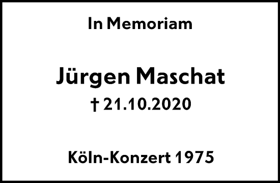 Traueranzeige von Jürgen Maschat von Allgemeine Zeitung Mainz