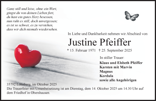 Traueranzeige von Justine Pfeiffer von Weilburger Tageblatt