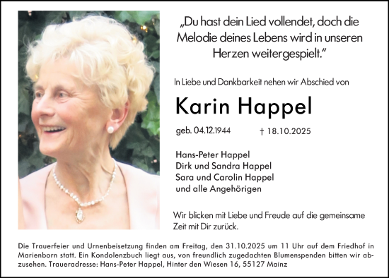 Traueranzeige von Karin Happel von Allgemeine Zeitung Mainz