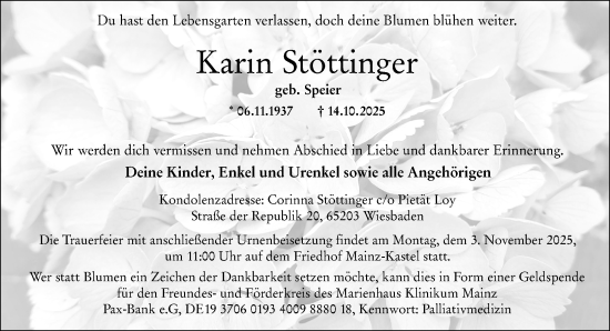 Traueranzeige von Karin Stöttinger von Wiesbadener Kurier