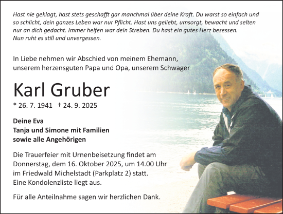 Traueranzeige von Karl Gruber von Odenwälder Echo