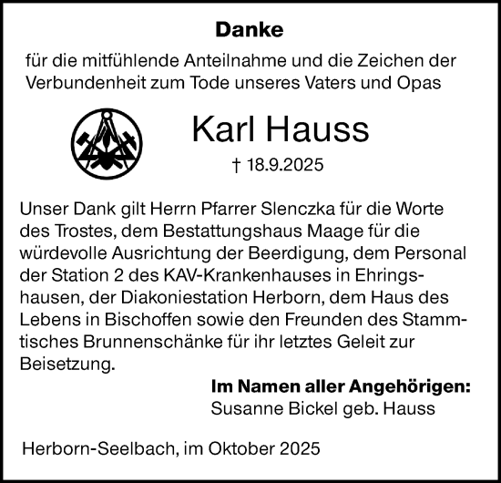 Traueranzeige von Karl Hauss von Dill Block