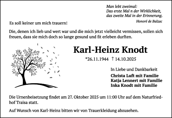 Traueranzeige von Karl-Heinz Knodt von Odenwälder Echo