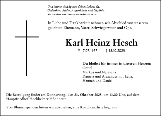 Traueranzeige von Karl Heinz Hesch von Wormser Zeitung