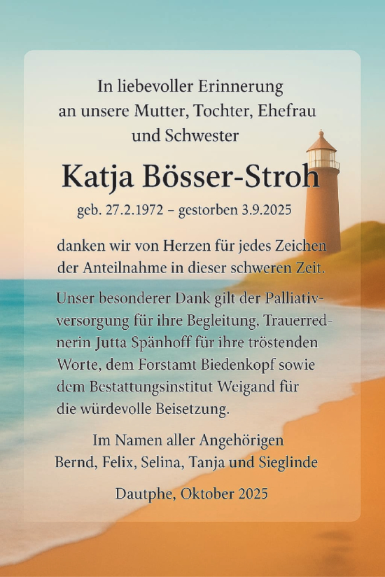 Traueranzeige von Katja Bösser-Stroh von Hinterländer Anzeiger