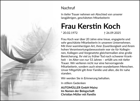 Traueranzeige von Kerstin Koch von Allgemeine Zeitung Alzey