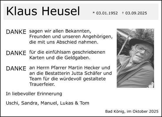 Traueranzeige von Klaus Heusel von Odenwälder Echo