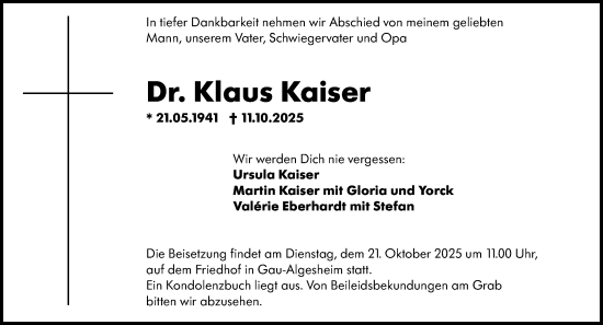 Traueranzeige von Klaus Kaiser von Allgemeine Zeitung Rheinhessen-Nahe